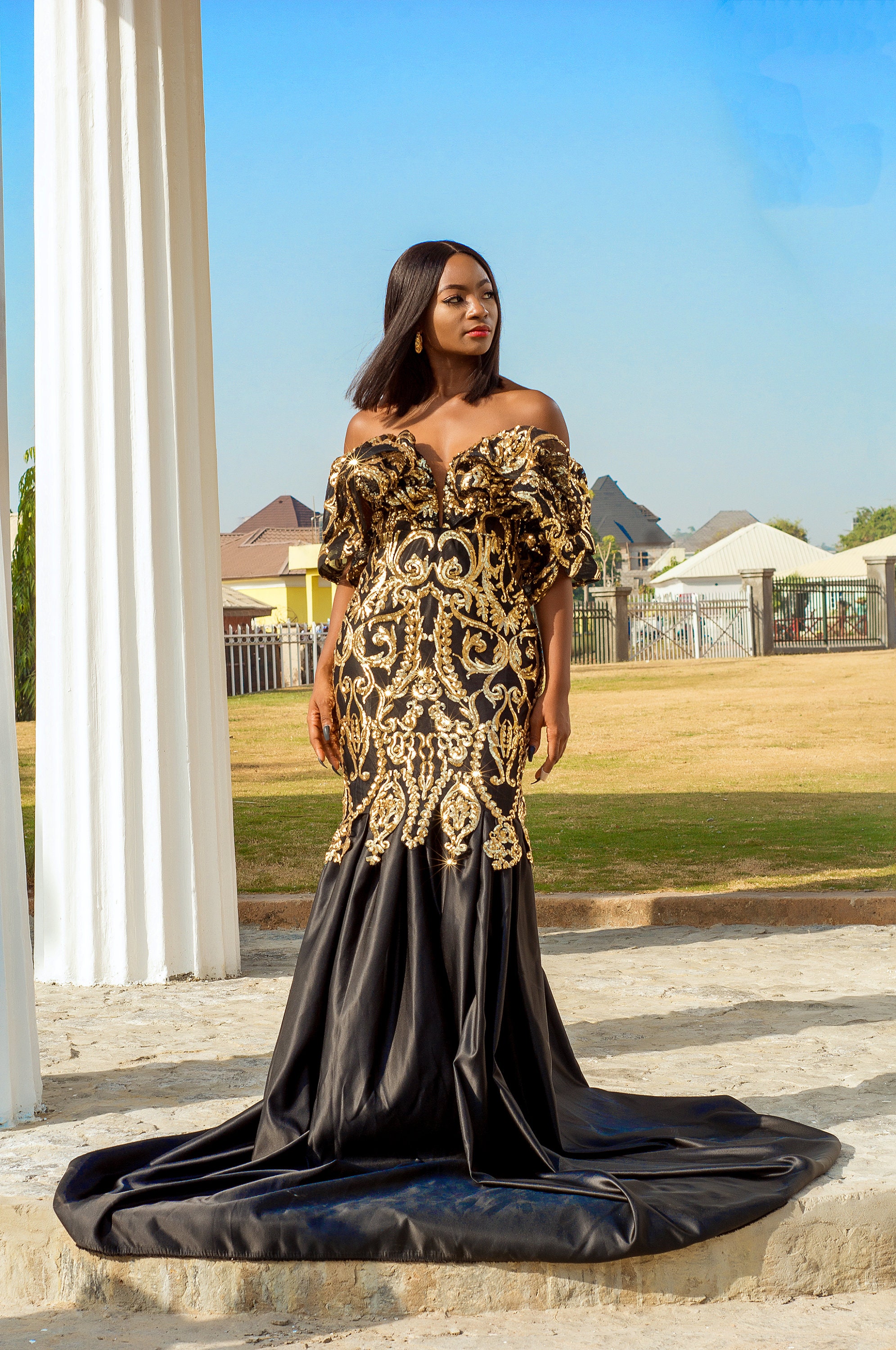 Gold Sequin Off-Shoulder Mesh Ball Gown with Long Sleeves