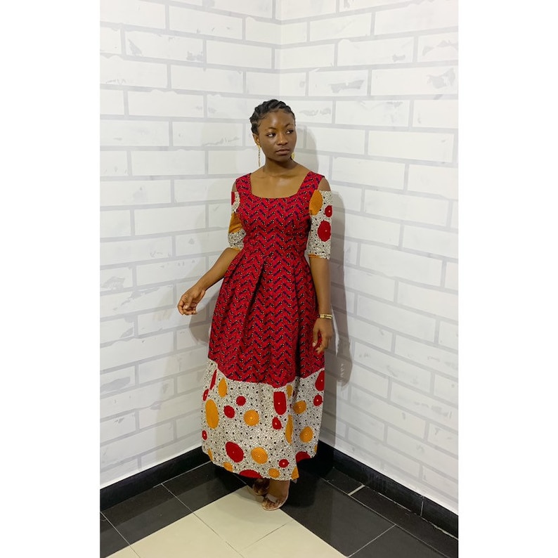 Christmas Mixed Print African Midi Cold Shoulder Dress|Flare Doll Dress Midi Dresses Party Dress