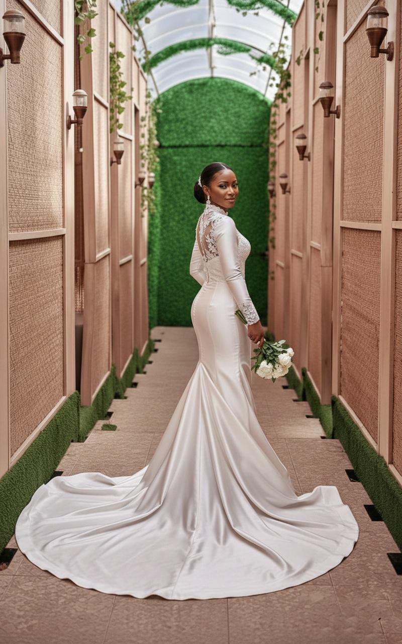 green emerald velvet dress Stunning Ivory Non Traditional Shinny High Neck Fringed Sleeve Mermaid Bridal Dress 38 main image 1
