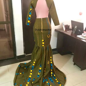 Leaf Green Floor Length Mermaid African Print Dress with Open back detail Green Teal and Yellow Ankara Dresses, African Print Ball Dress image 4