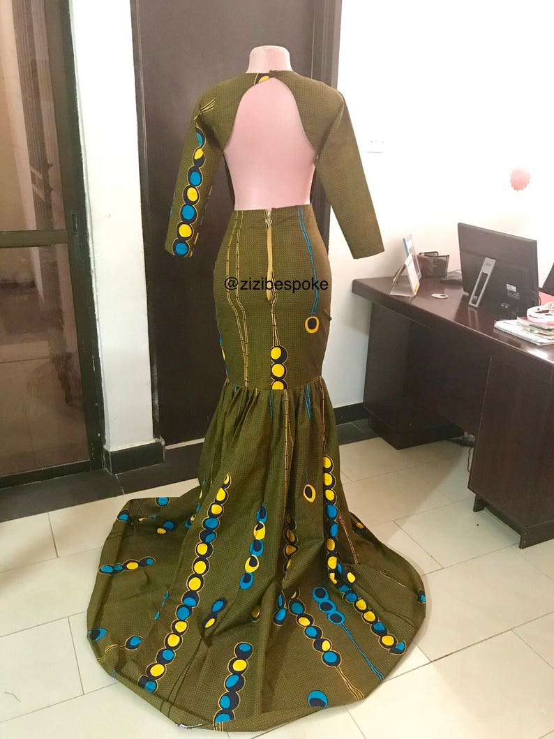 Leaf Green Floor Length Mermaid African Print Dress with Open back detail Green Teal and Yellow Ankara Dresses, African Print Ball Dress image 4