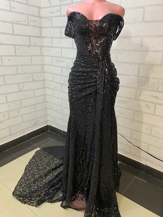 Black Sequin Off-shoulder Maxi Dress, Glittery Cocktail Gown - Etsy