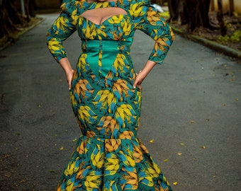 Green Maxi Mermaid African Plus Size Wedding Dress, Plus Size African Dresses, Sexy Plus Size Ankara Dress, Plus Size Dress for Weddings,