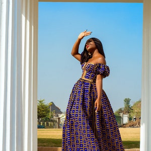 A Line African Ankara Maxi Prom Dress Low Cut Blue and Gold - Etsy