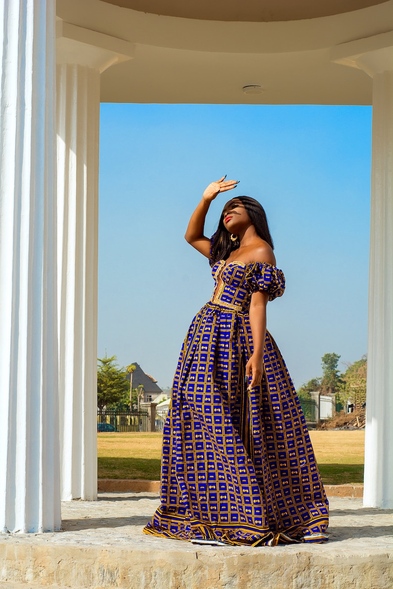 A Line African Ankara Maxi Prom Dress Low Cut Blue and Gold - Etsy