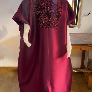 Burgundy Mikado Satin Kaftan, Sequin African Bubu Dress