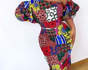 Vibrant One Shoulder Ankara Dress, African Print Midi Dress