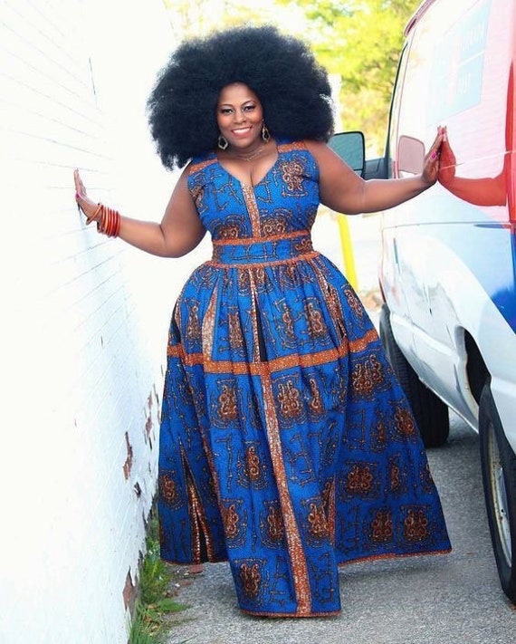 Sexy Plus Size African Dress, Plus Size Low Cut African Maxi Dress ,sexy  Blue Plus Size African Maxi Dress,african Dress for Curvy Women 