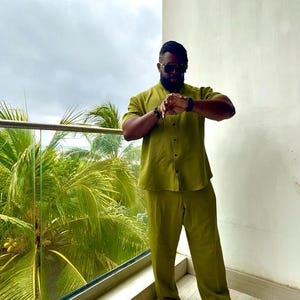 Men’s Two-Piece Set - Elegant Olive Green Matching Outfit For Events, Church, or Daily Style image 2