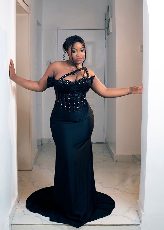 Sexy Black Corset Off shoulder Dress Black and Silver Long Dress Black Beaded Mermaid Dress Black Dresses for Prom Strapless Black Dress Etsy Canada