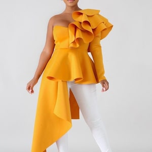 Sexy One Shoulder Top, Modest Tops for Women, Mustard Long Tops, Sexy Tops for Jeans, Scuba Stretch Top, Modest Sexy Blouse