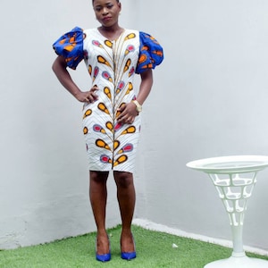 White Mixed Print Puff Sleeve Bulb Dress Ankara Dresses, Midi Dresses, African Print Dresses, White African Print Dresses image 1