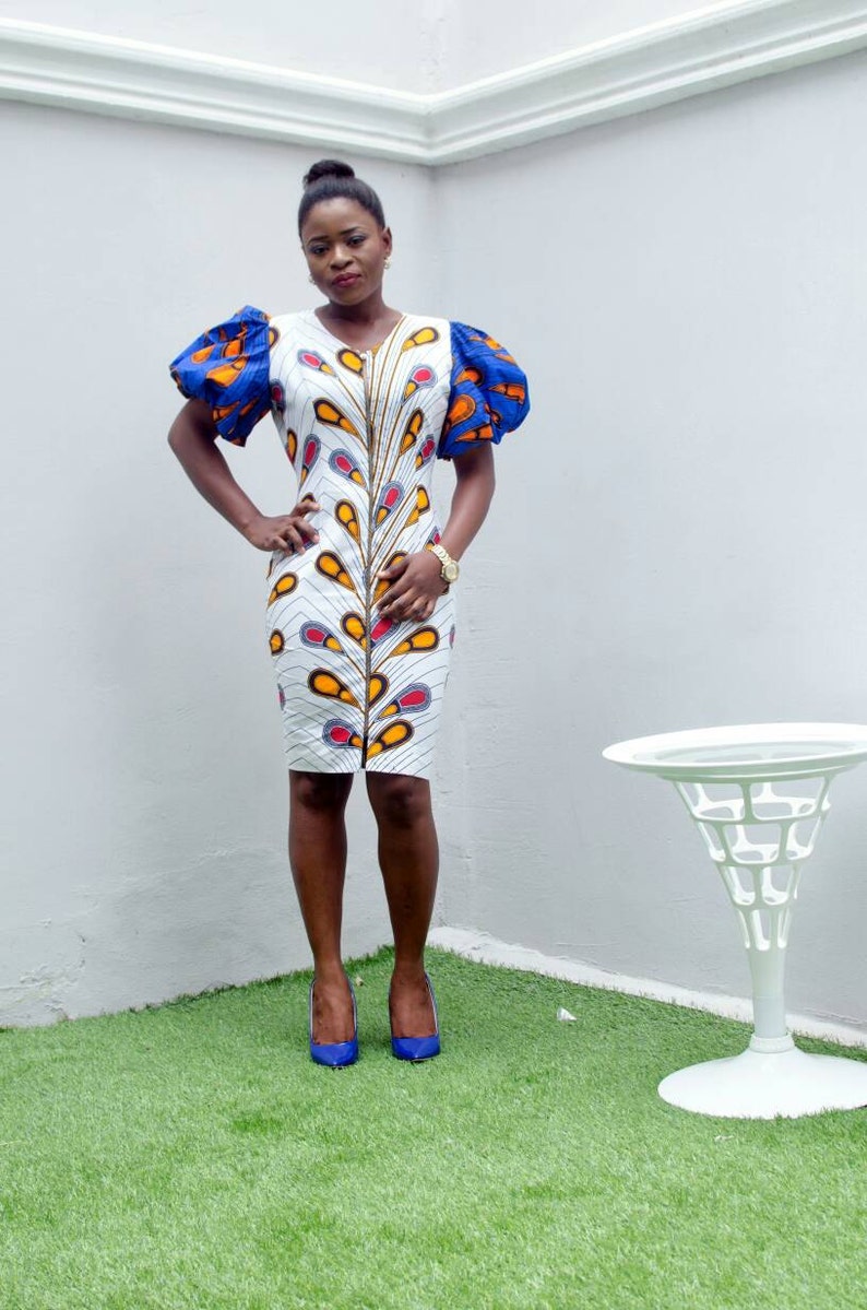 White Mixed Print Puff Sleeve Bulb Dress Ankara Dresses, Midi Dresses, African Print Dresses, White African Print Dresses image 1