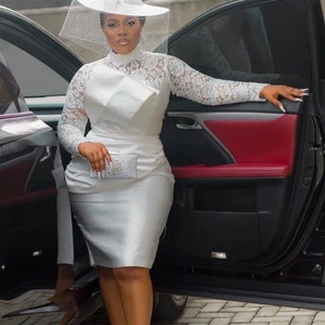 White Midi Dress with Lace Sleeves & Bow, Plus Size Long Sleeve Midi Dress for Formal Events,White Dress with Lace-Up Back and Bow Accent