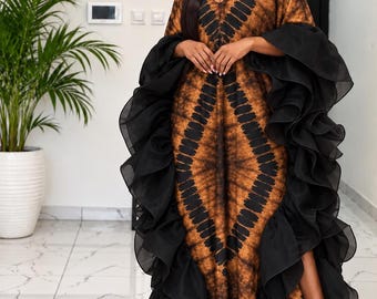 African Silk Chiffon Kaftan with Organza Frills, Adire Kaftan, Adire Bubu with Sleeve Details, Summer Kaftan Dresses, Ruffled African Bubu