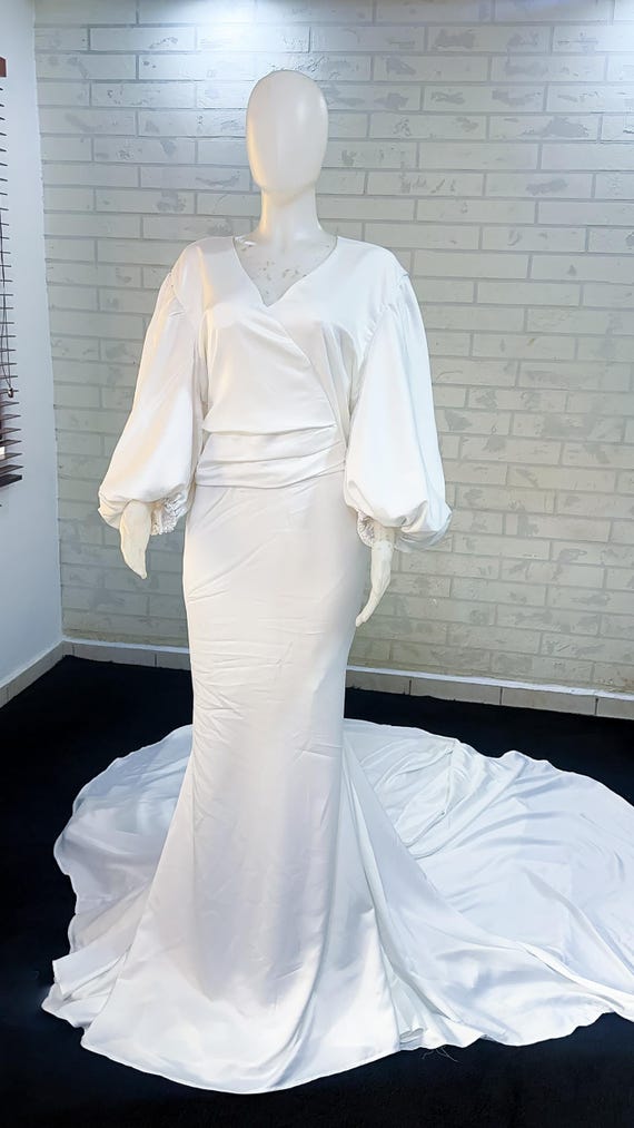 Custom Ivory Duchess Satin Wedding Dress, Bishop Sleeves Mermaid Gown