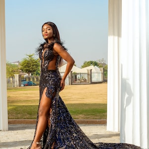Sexy Black Sequin  Thigh Slit Prom Dress with Feather Details