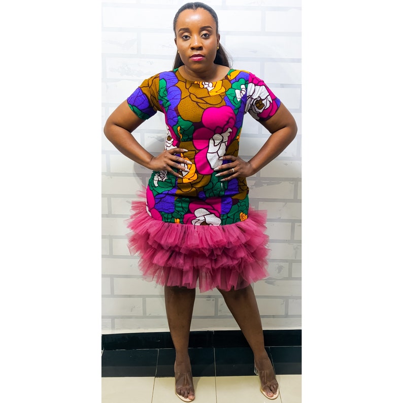 Ankara Midi Dress African Tulle Pink Dress African Tulle Ruffle Dress