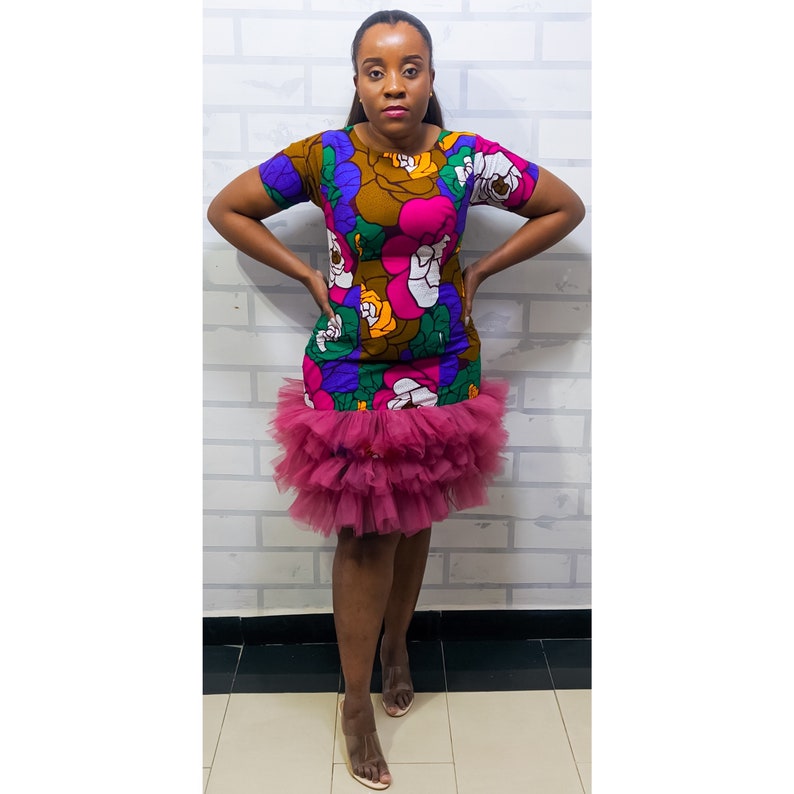 Ankara Midi Dress African Tulle Pink Dress African Tulle Ruffle Dress