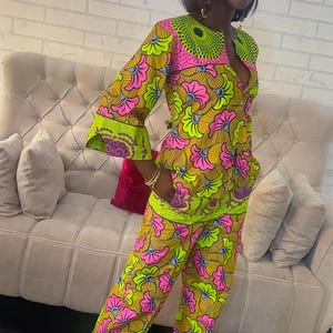 Green and Pink African Print Pant Suit | Modest Ankara Two-Piece Outfit for Women |Ankara Trouser Set | African Summer Clothes |Smart Casual