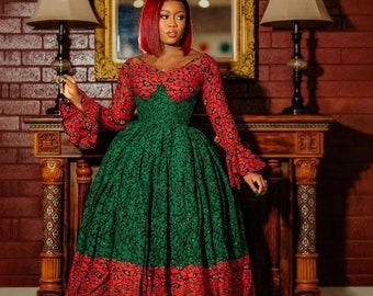 Festive  African Formal Dress, Red Poofy Waist Dress, Green A-line Dresses, Ankara Holiday Dresses, Holiday Dress for Curvy Girls