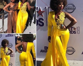 Wedding Jumpsuits, Sexy Jumpsuits, Red Carpet Outfits, Golden Yellow Red Carpet Jumpsuit, Sexy Jumpsuits for Black Girls
