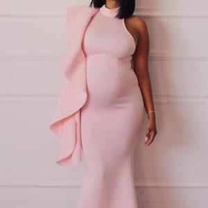 Sexy Maternity Dresses, Maternity Shoot Dress, Pink Bridal Shower Mermaid Dress / Blush Pink Floor Length Maxi Frill Dress