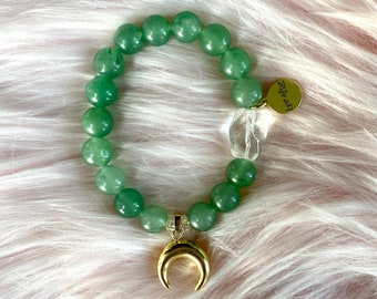 Green Aventurine Crystal Bracelet with Clear Quartz Nugget and Moon Charm