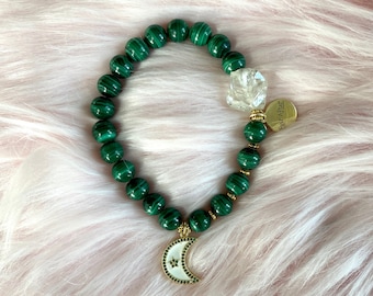 Malachite Crystal Bracelet with 18 Kt Gold Filled Enamel Moon Pendant and a Herkimer Diamond