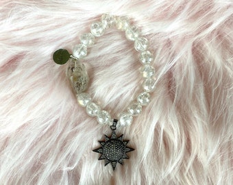 Crackled Clear Quartz Crystal Bracelet with Herkimer Diamond & Sunburst Pendant
