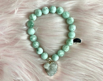 Green Angelite Crystal Intention Bracelet with Druzy Heart Pendant