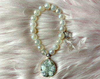 Mystic Rainbow Agate Intention Bracelet with Teardrop Druzy Pendant and Silver Chains