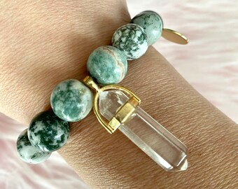Tree Agate Crystal Intention Bracelet with Double Terminated Clear Quartz Points Pendant
