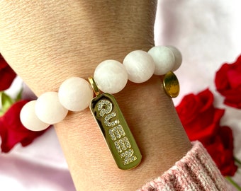 Matte Rose Quartz Crystal Intention Bracelet with Queen Charm