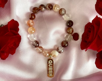 Strawberry Quartz Crystal Intention Bracelet with Gold Queen Charm