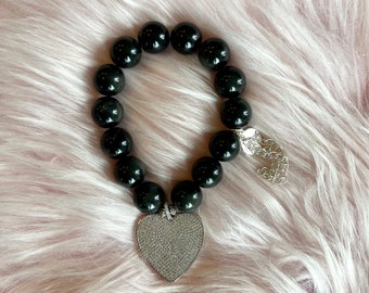 Black Obsidian Crystal Intention Bracelet with Silver Heart Pendant and Silver Chains