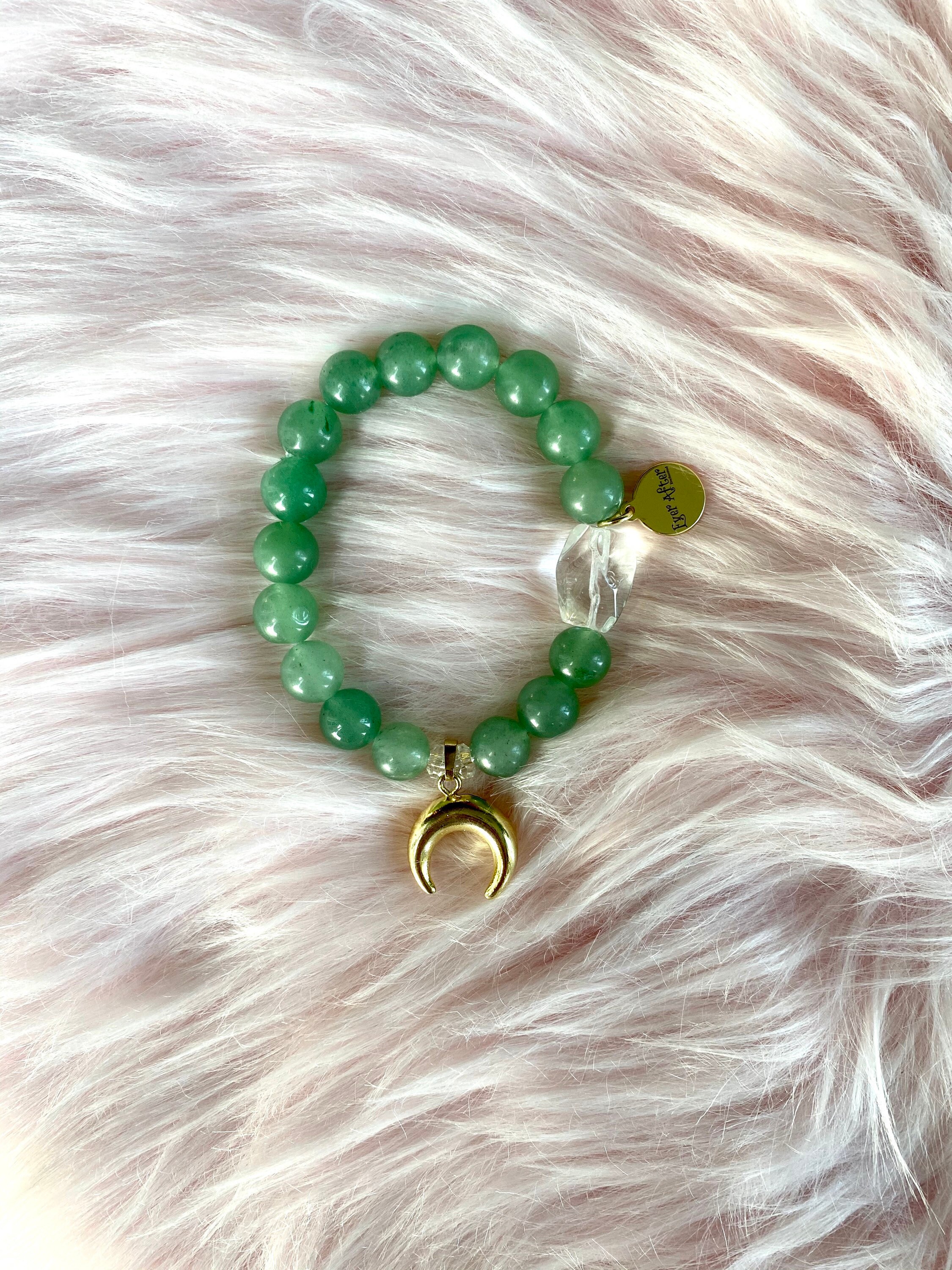 Green Aventurine Crystal Bracelet with Clear Quartz Nugget and Moon Charm