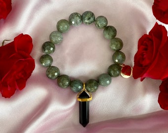Labradorite Crystal Intention Bracelet with Black Onyx Crystal Point Pendant