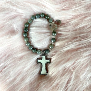 Mystic Labradorite Crystal Bracelet with Herkimer Diamond and Enamel Cross