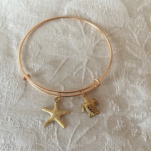 Starfish Beach Sea Turtle Charm Gold Tone Adjustable Wire Bangle Bracelet