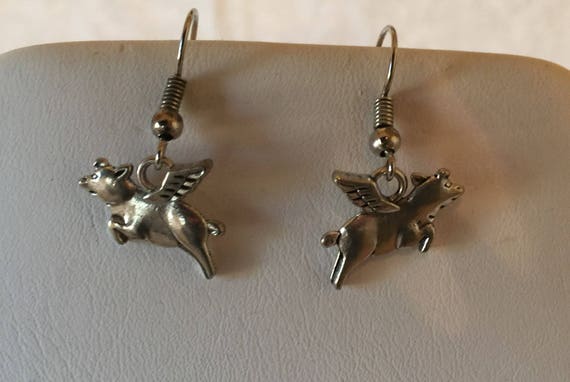 Flying Pig Charm Tibetan Silver Pierced Dangle Earrings