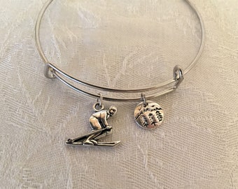 Snow Skier Silver Adjustable Wire Bangle Bracelet (3mm)