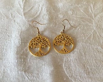 Tree Of Life Gold Tone Charm Drop Dangle Pierced Earrings