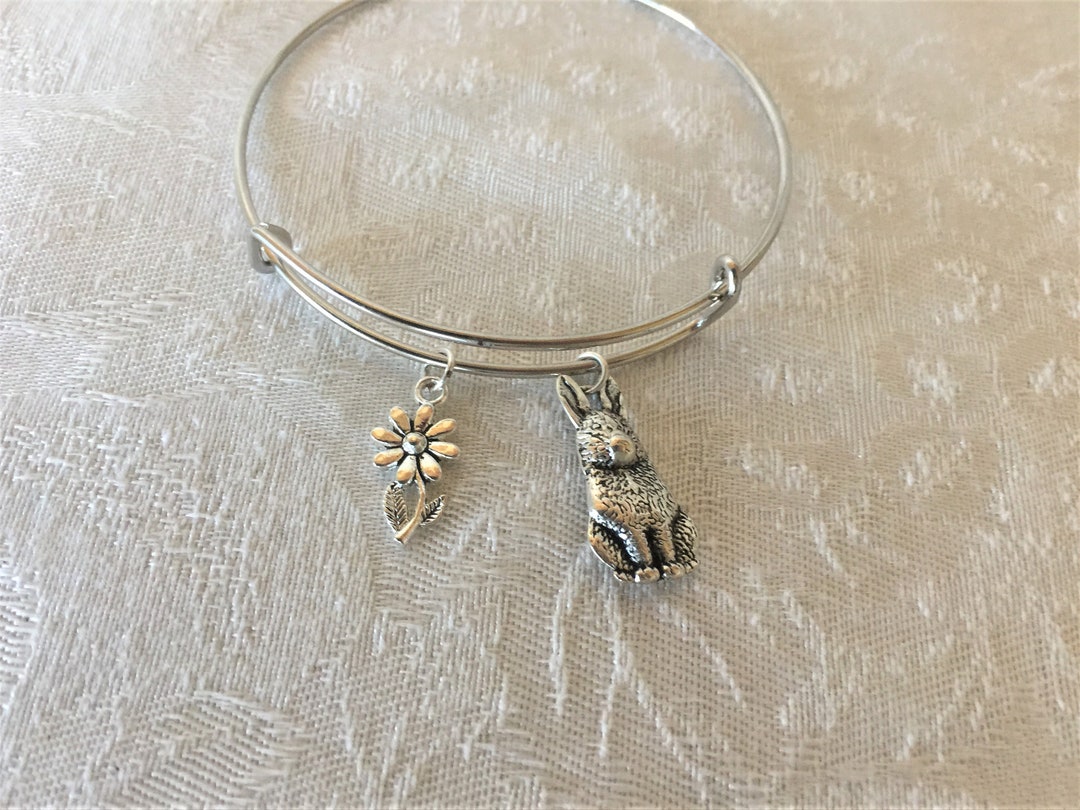 Easter Bunny Rabbit and Daisy Tibetan Silver Adjustable Wire Bangle ...