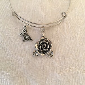 Butterfly And Flower Garden Adjustable Wire Tibetan Silver Bangle Bracelet