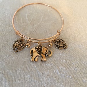 Elephant Love Heart Charm Adjustable Gold Tone Wire Bangle Bracelet