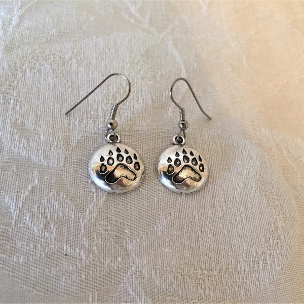 Bear Paw Print Charm Pierced Earrings Silver Tone