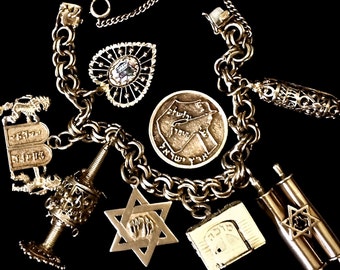 Vintage 14K Heavy Gold Judaica  Estate Hebrew  Clunky Charm Bracelet