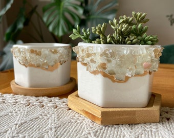 Set of 2 Geode Planters with Gold Leaf and a Drainage Hole