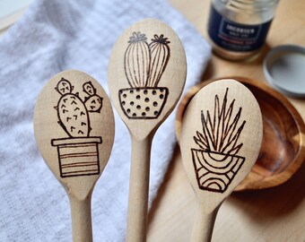 Wood burned Cooking Spoon in Succulents and Cacti: Set of 3, Custom Also Available